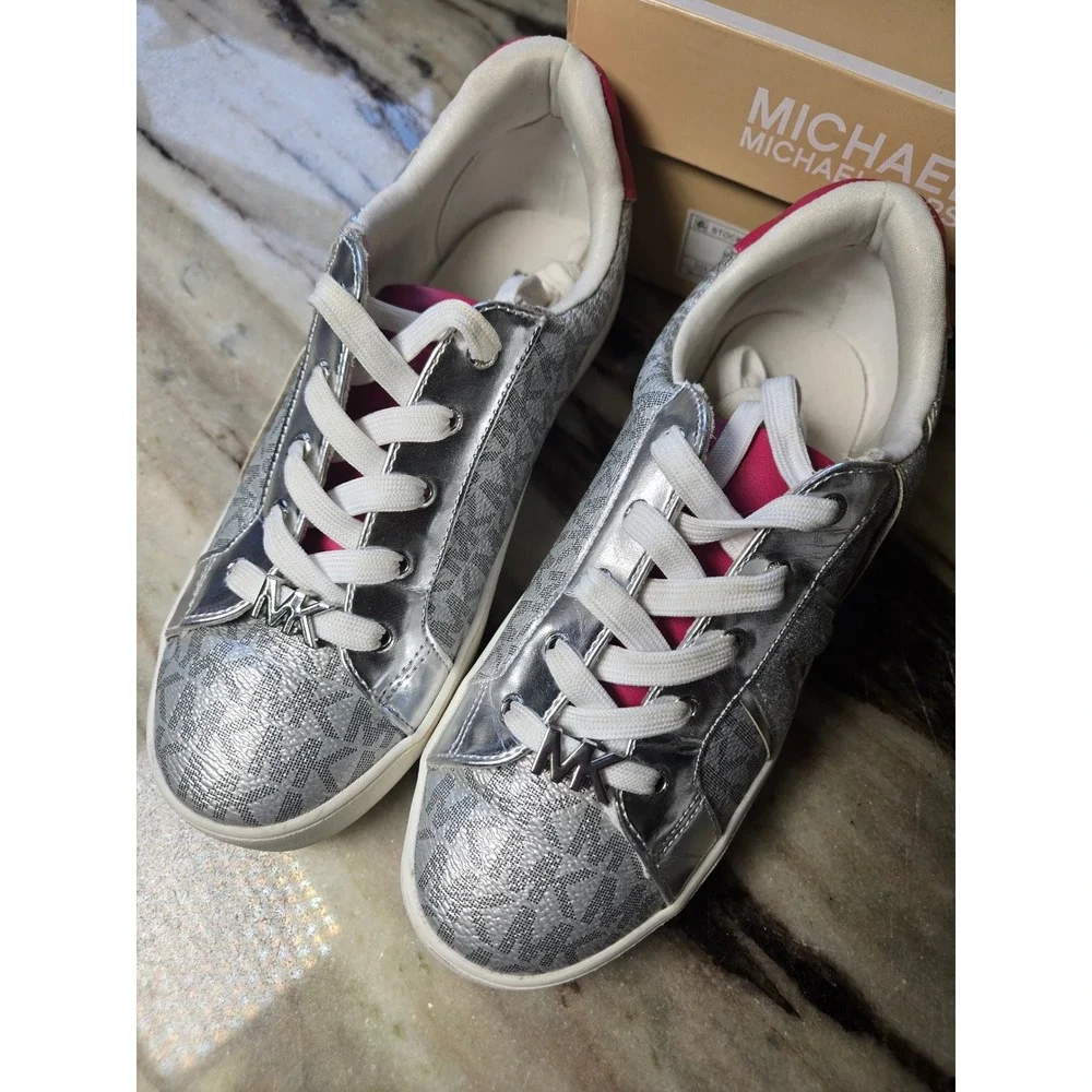 Michael Kors Jordana Airin Silver Pink Metallic Logo Sneakers MK100918C Size 3Y